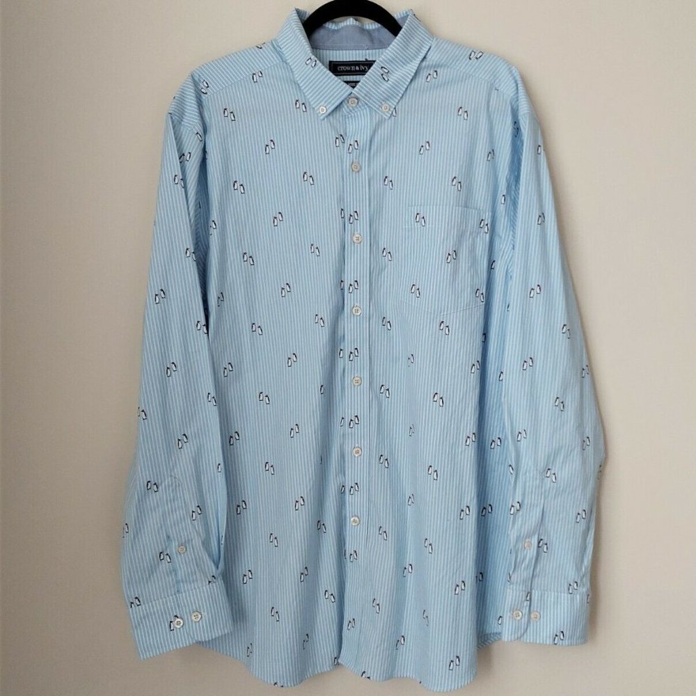 Crown & Ivy Classic Fit Button Down Shirt- Blue White Stripes w Penguins